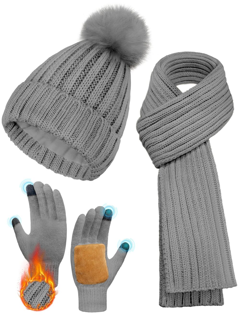5995 Winter Hat Scarf Glove Set Grey Thermal Beanie with Pom Pom